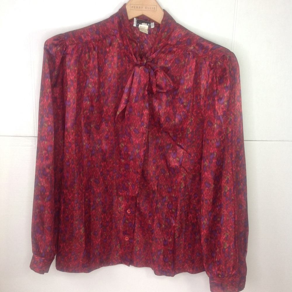 Vintage Russ Burgundy Blouse Abstract Bow Tie